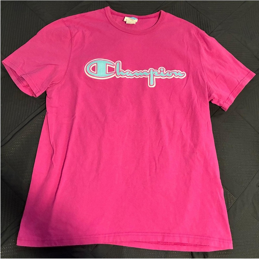 Champion Mens Pink Short Sleeve Embroidered Script Logo‎ T-Shirt Large